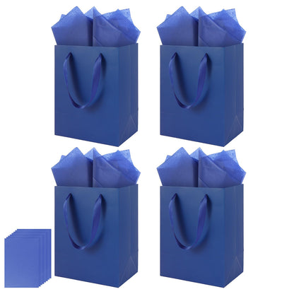 Epoesch 4 Pack Deep Blue Gift Bags Handles and 8 Tissue Paper, Medium Size 8 X 5 X10 Inch Paper Bag for Birthday Party, Baby Shower, Wedding Favors or Mother's Day, Father's Day