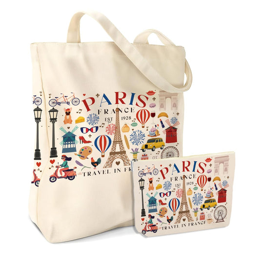 Paris Airplane Travel Gifts Cosmetic Makeup Bag Beach Canvas Tote Bag for Women Girls Christmas Birthday