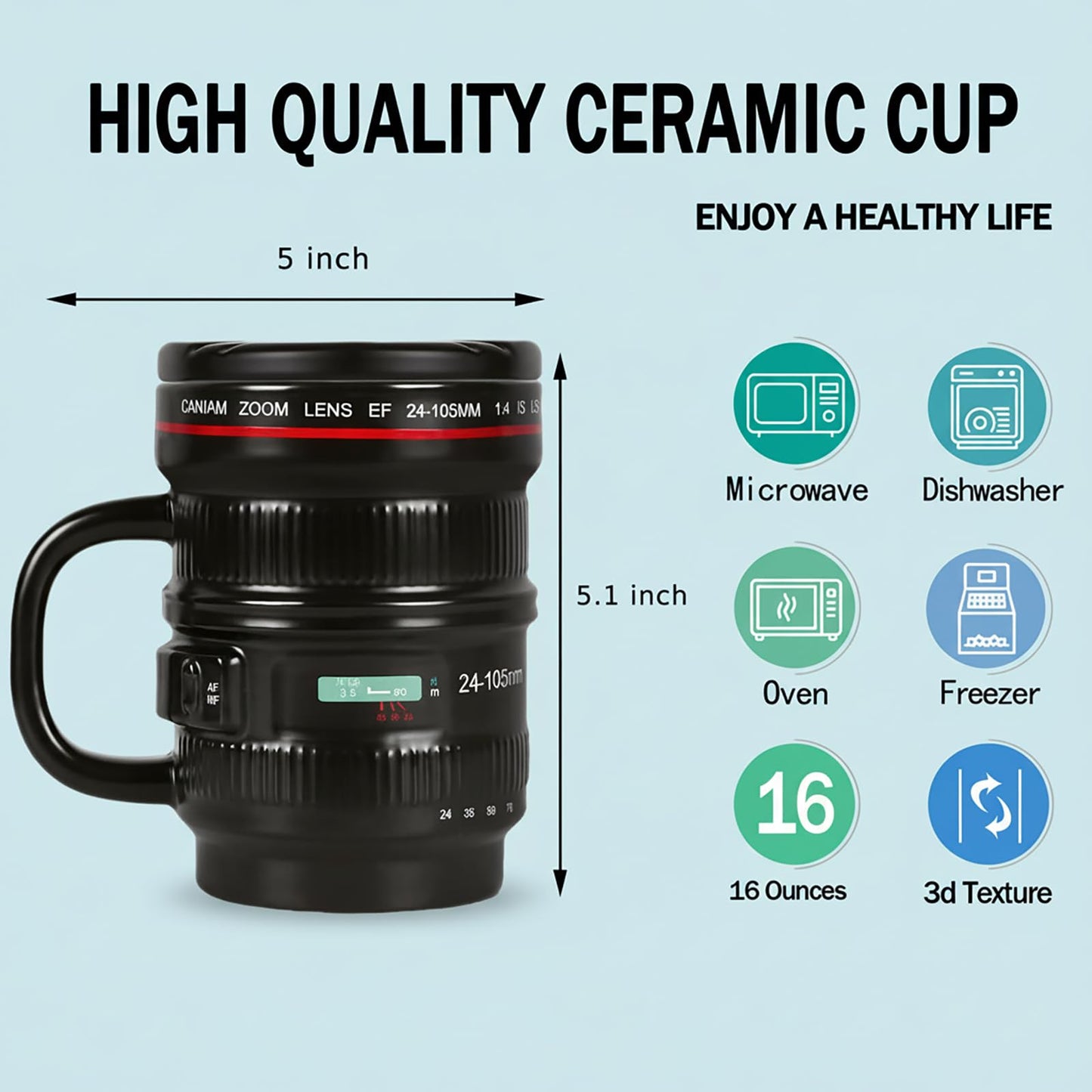 WENSSY Camera Lens Mug Large 16OZ, Ceramic Camera Lens Mug with Lid and Handle, Cool Photography Gifts for Photographers Christmas