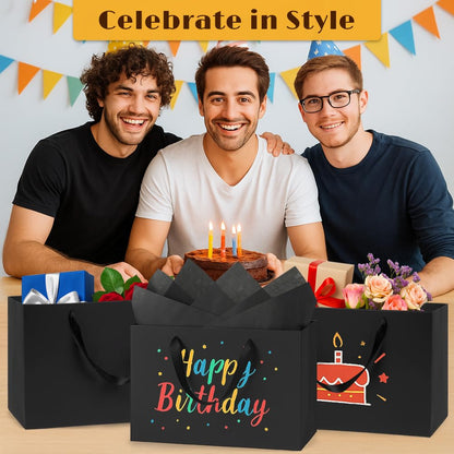 Shintop 3pcs Extra Large Black Gift Bags with Handles, 15.7 x 11.3 x 5.5 in Reusable Big Paper Present Bags with Tissue Paper for Men, Birthday, Business or Holiday Use
