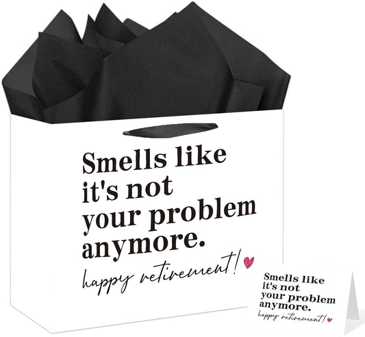 Anyangzhao Black and White Retirement Gift Bag, Funny Retirement Gift Bag with Greeting Card and Tissue Paper, Happy Retired Party Decorations for Men, Women, Farewell, Going Away Party Supplies