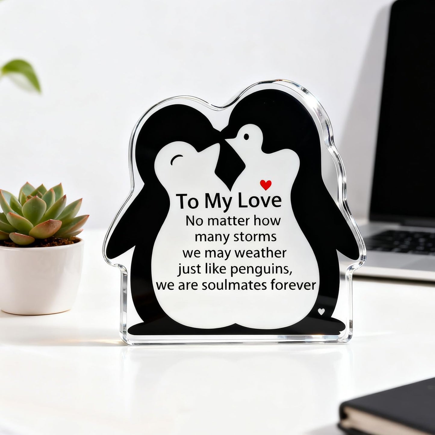To My Love Romantic Gifts for Him/Her,Penguin Acrylic Engraved Plaque Sign Home Bedroom Kitchen Office Desk Shelf Decor 4*4*0.6Inch for Valentine's Day Anniversary Wedding Christmas Birthday Gifts