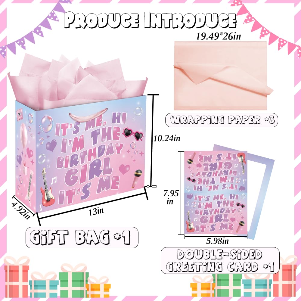 Eaureum It's Me Hi I'm The Birthday Girl Gift Bag for Girls, Purple Pink Blue Birthday Gift Bag Party Decorations for Girls Daughter Granddaughter Friends