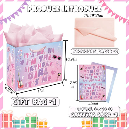 Eaureum It's Me Hi I'm The Birthday Girl Gift Bag for Girls, Purple Pink Blue Birthday Gift Bag Party Decorations for Girls Daughter Granddaughter Friends