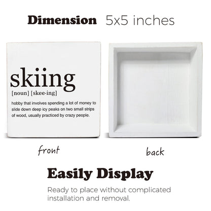Dumyum Skier Gift Skiing Definition Wooden Box Sign Ski Quotes Desk Decorative Wooden Sign Home Decor for Desk Table Shelf (5 x 5 Inches), Medium