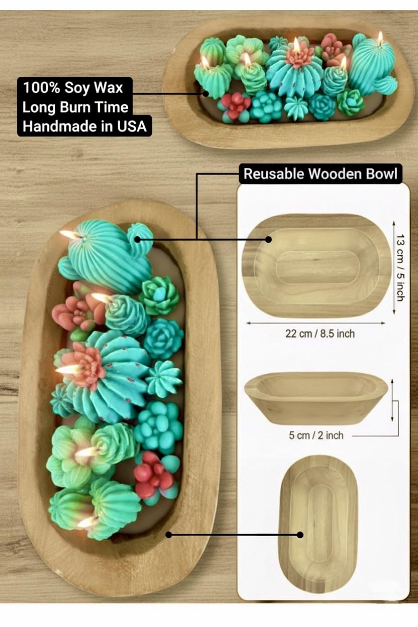 Five-Wick Handmade Scented Succulent & Cactus Candle Dough Bowl – Rustic Soy Wax Centerpiece, Unique Home Décor Gift for Her, Him, Mom, Mother's Day, Housewarming, Birthday, Christmas, Eco Friendly