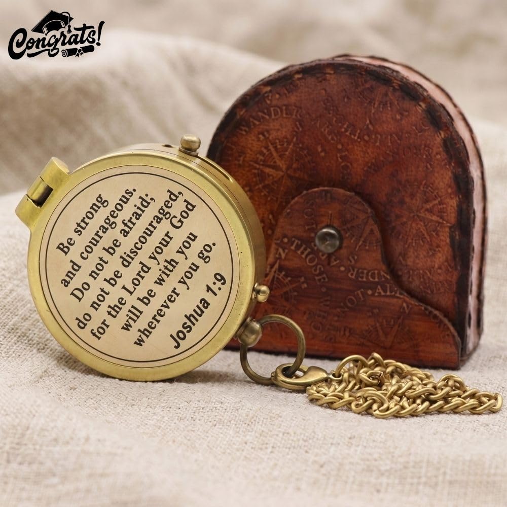 Compass – Brass Directional Vintage Compass Engraved with “Be Strong and Courageous” Joshua 1:9 Bible Verse, Baptism 2026 Communion Christian Inspirational Gifts for Women/Men