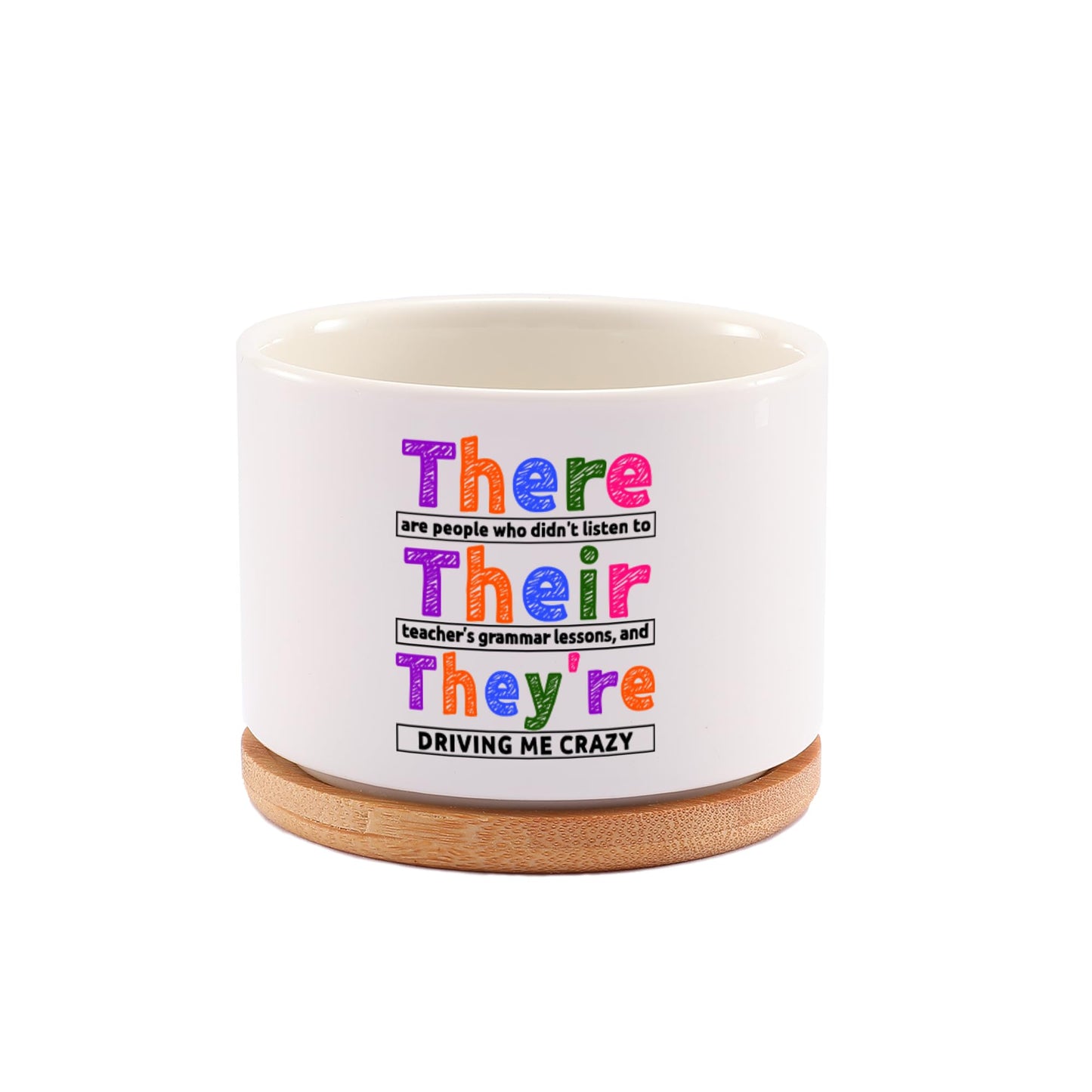 There Their They're Grammar English Teacher Gifts Editors Writers Teacher Appreciation Day Gifts Ceramic Succulent Plant Pot with Bamboo Tray Round Home Office Decor 3.5 Inch White (No Plants)