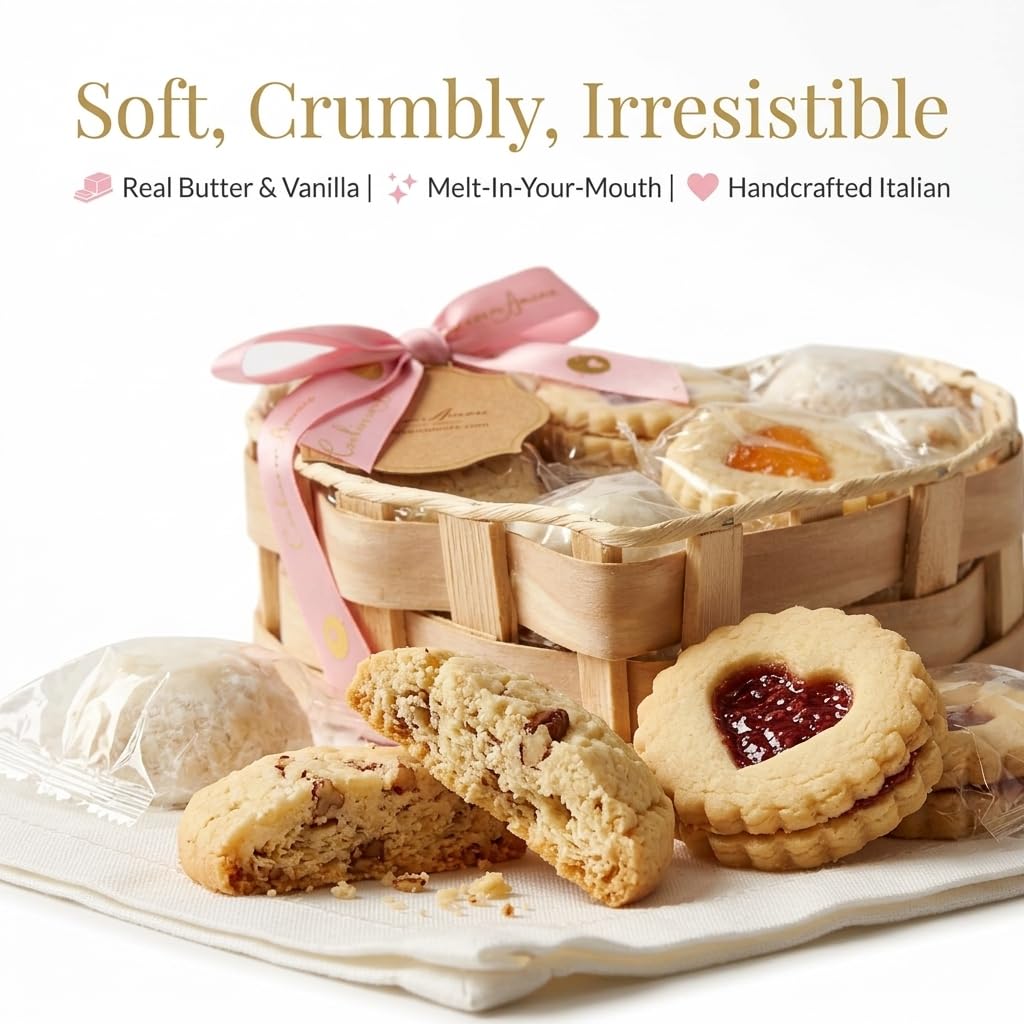 Romantic Mother's Day Cookie Gift Basket For Mom, Heart Shaped Assortment Of 5 Italian Style Flavors, Individually Wrapped 16 Ounce Bakery Treats With Coffee And Tea Pairing