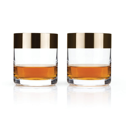 Viski Irving Bronze Rim Crystal Lowball Tumblers Set of 2 - Premium Crystal Clear Cocktail Glass Bronze Rimmed Glassware, Stylish Lowball Whiskey Glass Gift Set, 12 oz