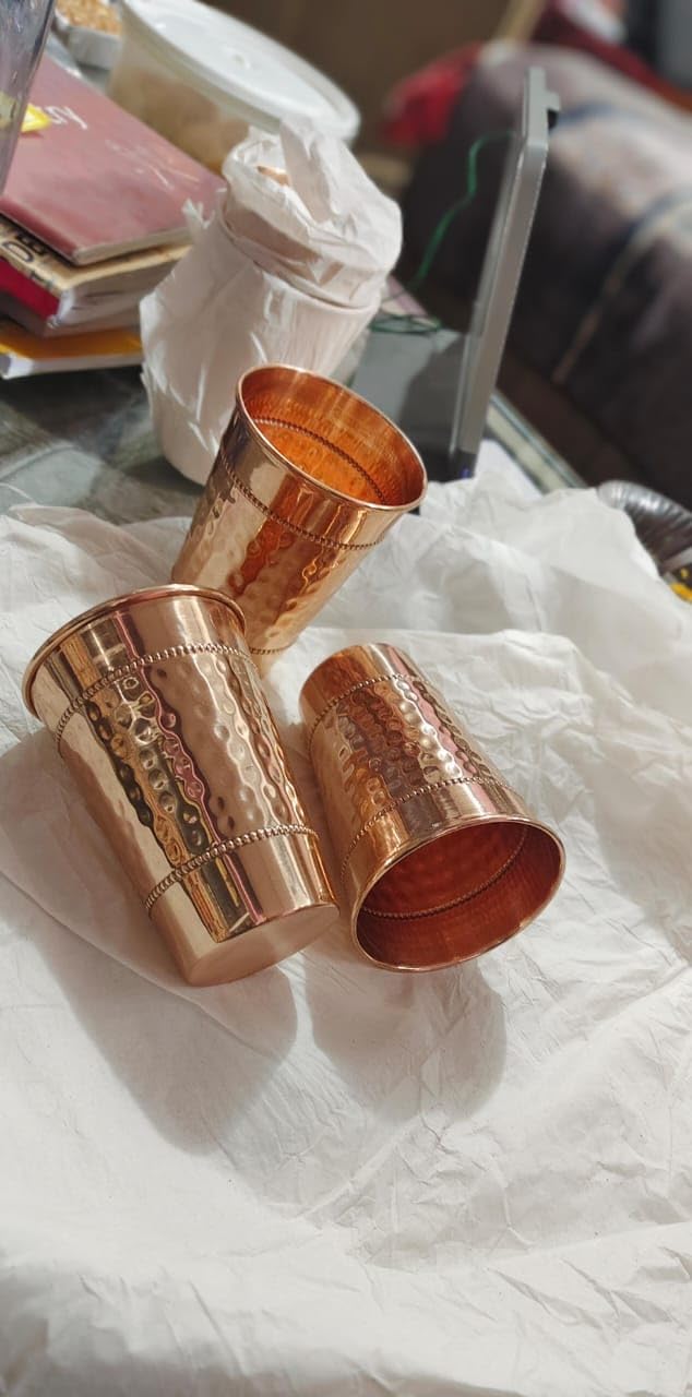 Hammered Pure Copper Water Drinking Glasses Set of 2 Large 13 Oz Drinking Cups Copper Ayurvedic Health Benefits Tumblers Beautiful Handcrafted Design Cup Best Gift