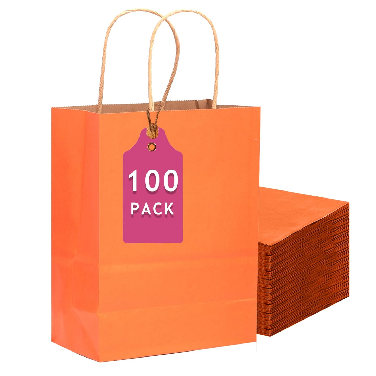 qiqee 100PCS Gift Bag with Handles Bulk Kraft Orange Paper Bags Multiple Uses (13''x5''x10'', Large Size)