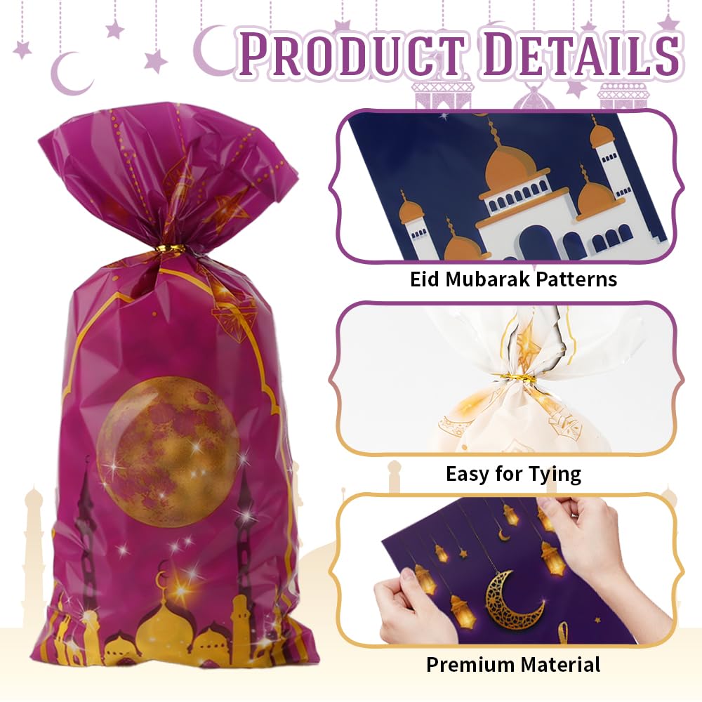 Eid Mubarak Treat Bags, 120 PCS Ramadan Goodie Bags, Eid Mubarak Gift Bag, Plastic Ramadan Candy Cookie Snack Treat Bag with Twist Ties Gifts for Islam Muslim Ramadan Party Decorations Favor Supplies