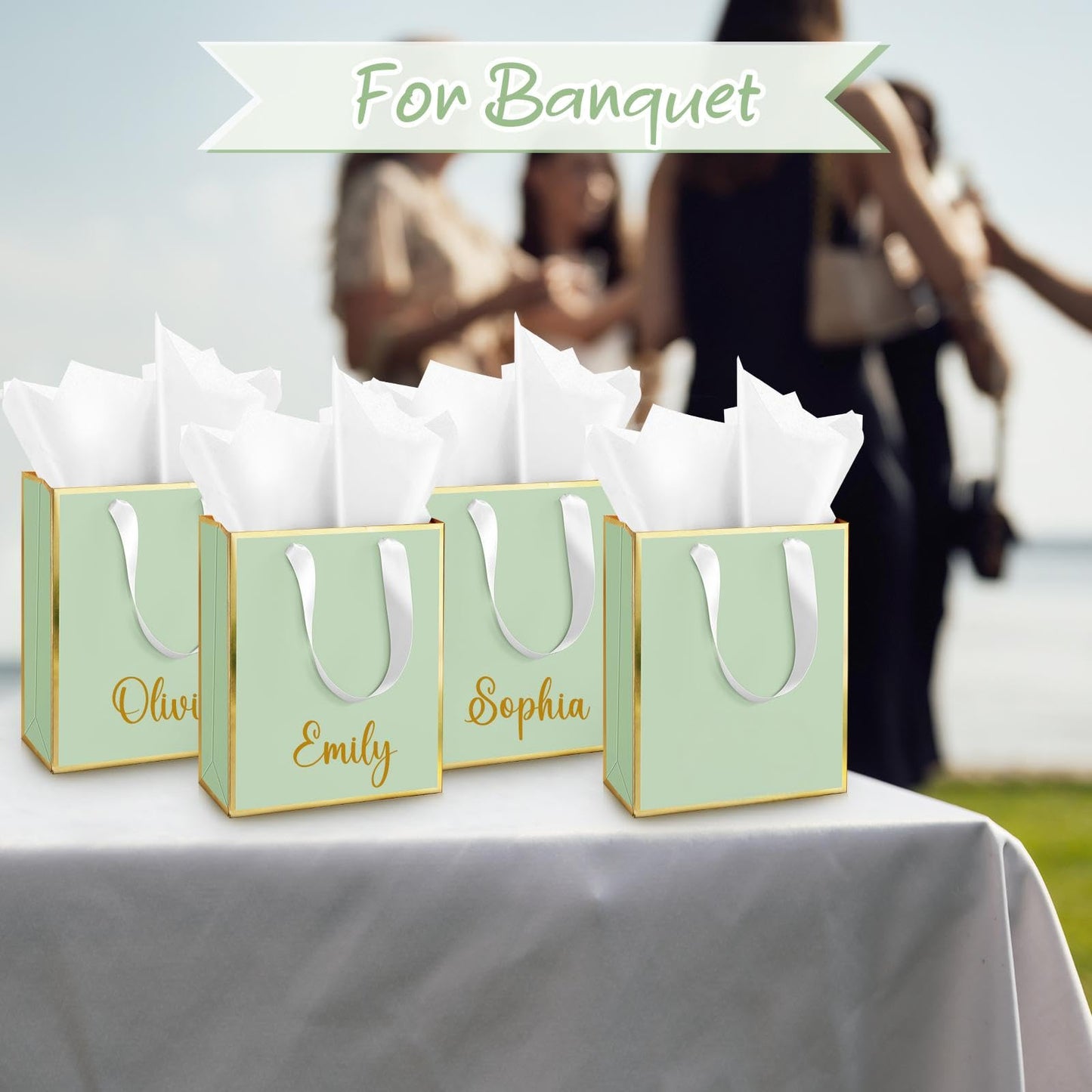 Yeaqee 10 Pack Metallic Paper Gift Bags with Handle Tissue Paper Thank You 5 Senses Gift Bag for Birthday Wedding Baby Shower Groomsmen Bridal Graduation Party Favor 9 x 7 x 3.15''(Sage Green,Gold)