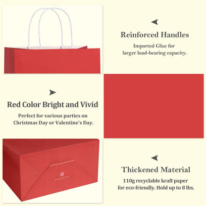 BagDream 8x4.25x10.5 Inch 100Pcs Red Gift Bags Medium Size, Kraft Paper Bags with Handles Bulk for Wedding, Party Favors, Business, Christmas, Grocery Paper Sacks