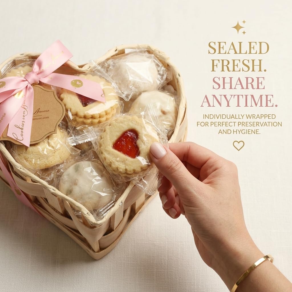 Romantic Mother's Day Cookie Gift Basket For Mom, Heart Shaped Assortment Of 5 Italian Style Flavors, Individually Wrapped 16 Ounce Bakery Treats With Coffee And Tea Pairing