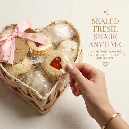 Romantic Mother's Day Cookie Gift Basket For Mom, Heart Shaped Assortment Of 5 Italian Style Flavors, Individually Wrapped 16 Ounce Bakery Treats With Coffee And Tea Pairing