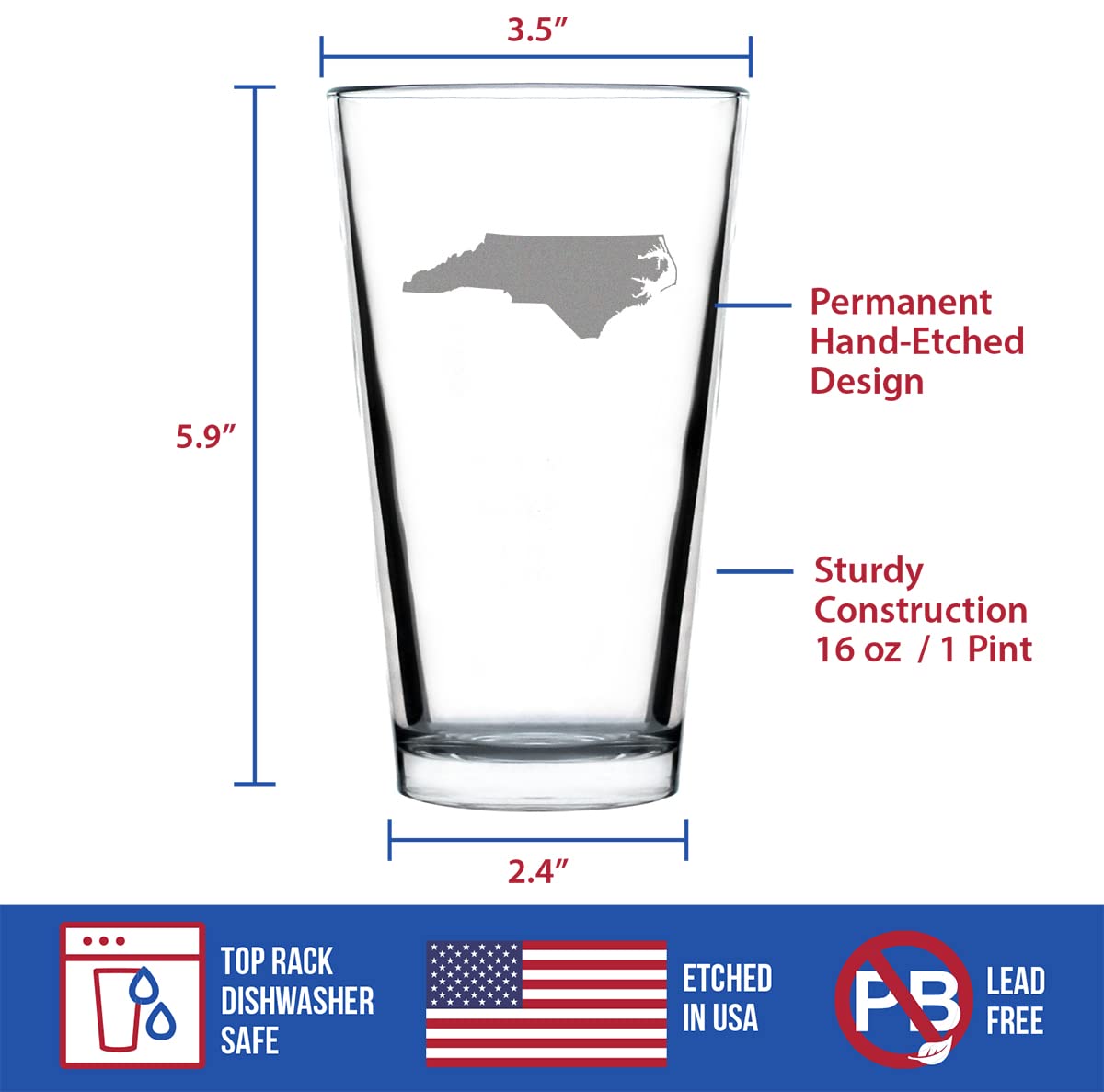 Bevvee North Carolina State Outline Pint Glass for Beer - State Themed Drinking Decor and Gifts for North Carolinian Women & Men - 16 Oz Glasses