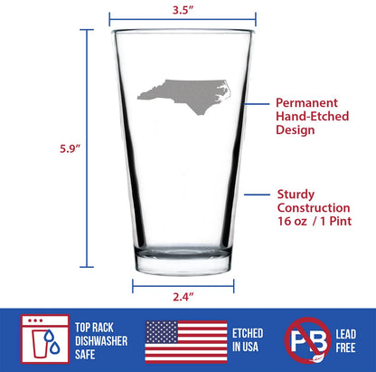 Bevvee North Carolina State Outline Pint Glass for Beer - State Themed Drinking Decor and Gifts for North Carolinian Women & Men - 16 Oz Glasses