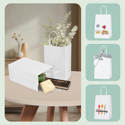 MESHA Gift Paper Bags 20Pcs 5.25 x 3.75 x 8 Inch White Small Kraft Shopping Bags Bulk with Handles, Reusable Bags for Small Business, Retail, Party Favor, Wedding, Made in USA