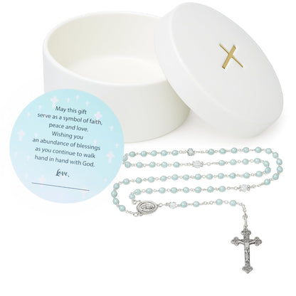 Baptism Gifts for Boys – Blue Rosary with Ceramic Keepsake Box and Card, Catholic Communion Gift, Christening and Baby Shower Rosary Beads, Sweet Treasures Gifts, Blue