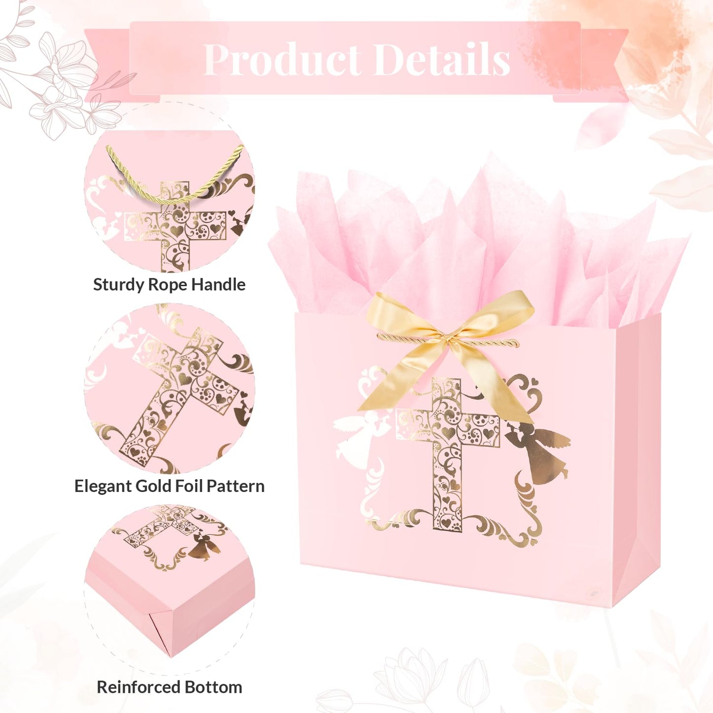 ysmile Baptism Gift Bag with Tissue Paper for Girl Pink Cross Gift Bag for Christenings First Communions Religious 12.6"