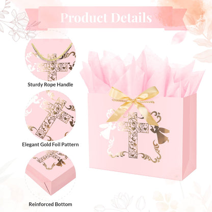 ysmile Baptism Gift Bag with Tissue Paper for Girl Pink Cross Gift Bag for Christenings First Communions Religious 12.6"