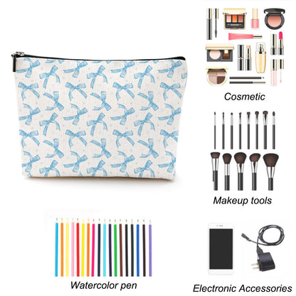 Coquette Makeup Bag Trendy Teen Girls Gifts Blue Bow Pouch Bag Gift for Women Aesthetic Cosmetic Bag Preppy Stuff Trendy Preppy Makeup Bag Funky Zipper Travel Toiletry Bag