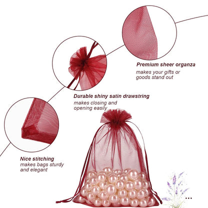 HRX Package 100pcs Organza Bags Burgundy Red, 5x7 inch Mesh Drawstring Gift Bags Jewelry Pouches for Christmas Candy Party Favor
