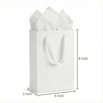 JUNESHE 4 Sets Small White Gift Bags, 8 inch Tiny Little Paper Bag Matching Card Envelope Sticker Black Tissue Paper for Birthday Party Favors Baby Bridal Shower Shopping Presents Wedding Welcome