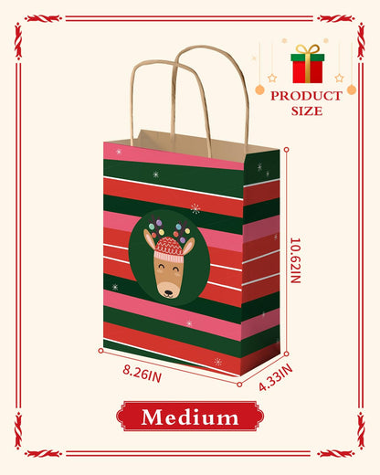 Bolthy Mid 24PCS Christmas Gift Bags 8" L × 4.25" W × 10.5" H - 12 Assorted Designs Kraft Paper Gift Bags, Eco-Friendly Durable Sac Cadeau for Holidays, Party Favors & Decorative Packaging