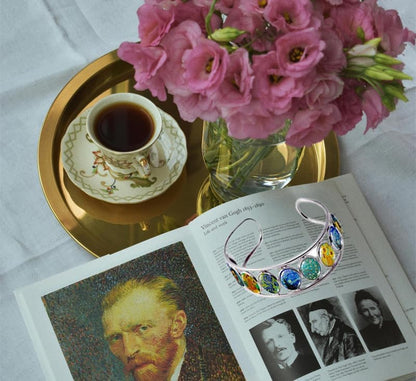 Blazing Autumn Van Gogh Cuff Bracelet Art Pattern Under Glass Dome Jewelry Handmade