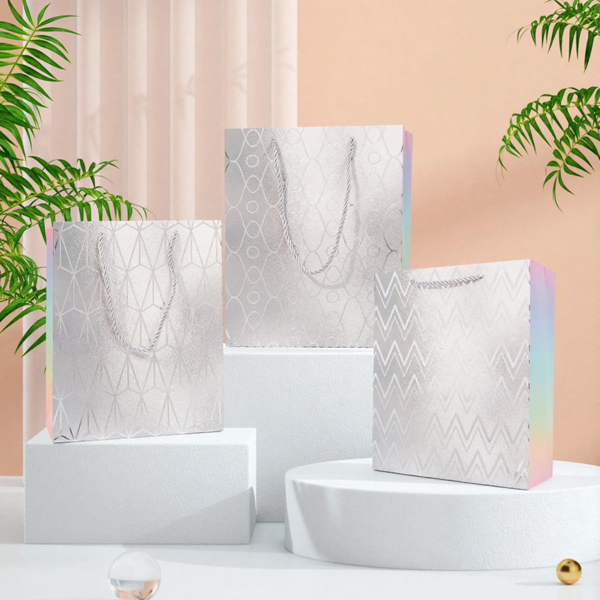 ZJHiome Gift Bag for Presents 4 Pack 9'' Sliver Medium Size Bag with Tissue Paper Marble Pattern Gift Bag with Handle for Christmas Shopping Birthday Wedding Party (Silver)