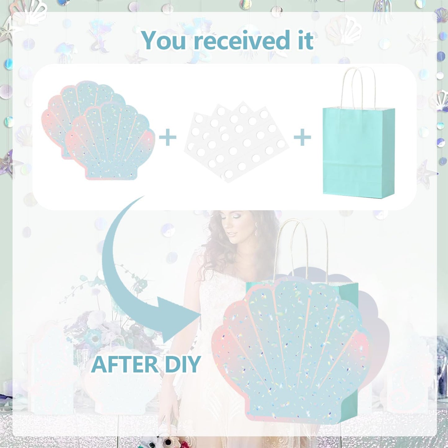 12 Pcs DIY Mermaid Them Party Favor Bags with Holographic Sea Shell Shaped Paper Cards for Under the Sea Ocean Mermaid Theme Birthday Party Supplies