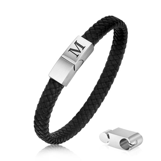 FOCOOG Leather Bracelets for Mens Gifts - Premium Genuine Leather Adjustable Stainless Steel Magnetic Clasp Mens Initial Bracelet, Unique Gifts for Men Husband Dad Son