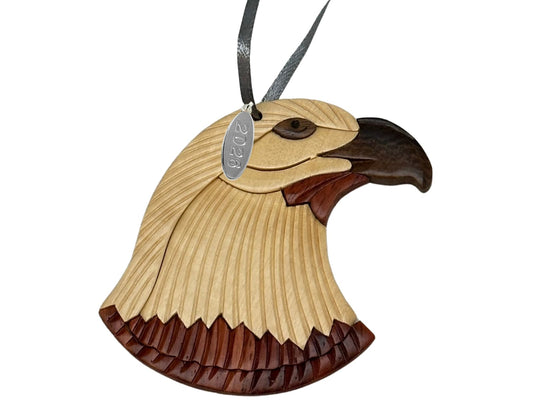 Two-Tone Intarsia Wood Bald Eagle Ornament 2026, Handcrafted Solid Piece - Great Air Force, Bald Eagle Gifts for Men, or Scout Ornament - 3" Size - Comes in Gift Box