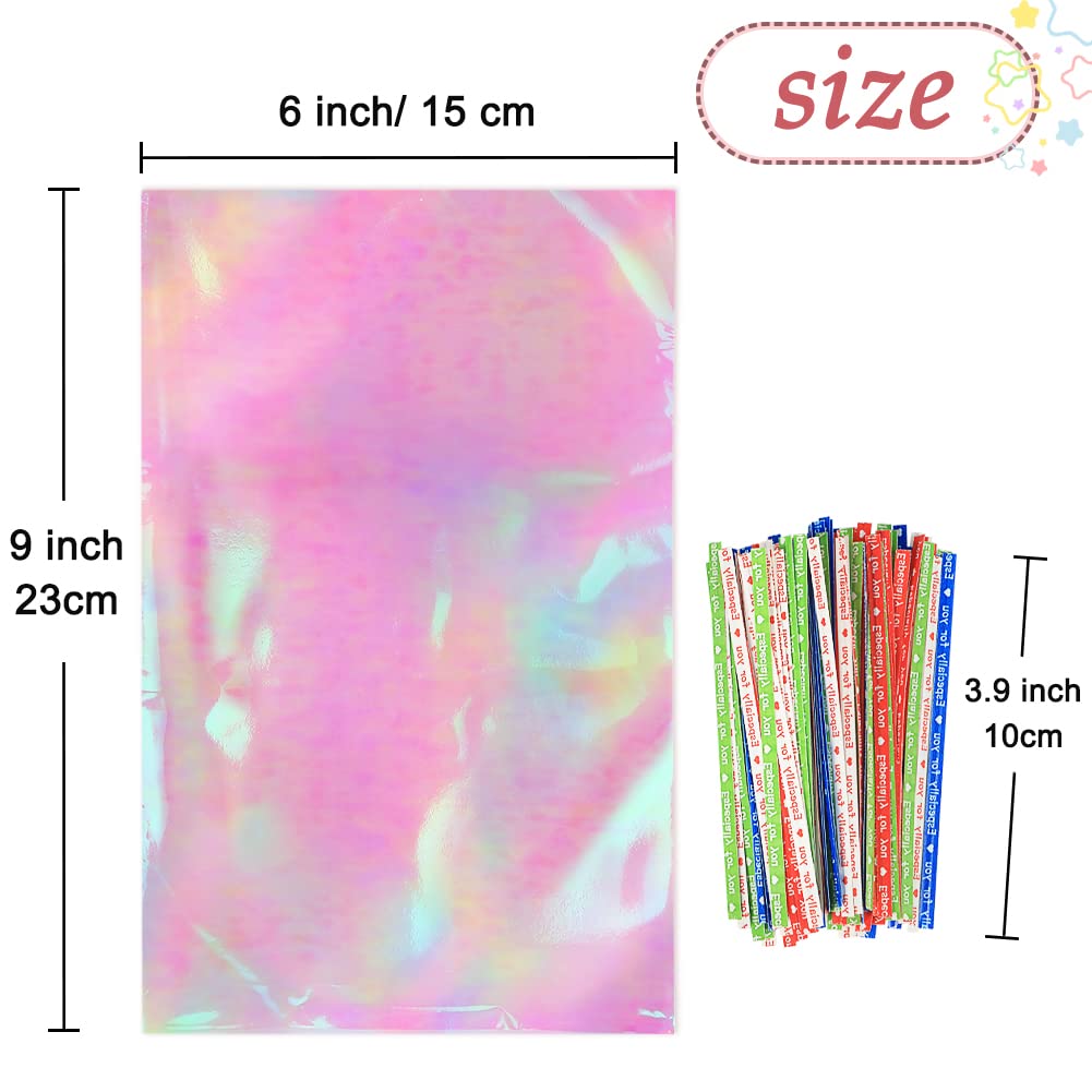HRX Package 120pcs Iridescent Cellophane Treat Bags with Ties, 6x9 inch Holographic Plastic Goody Bags for Candy Party Favors Small Gifts