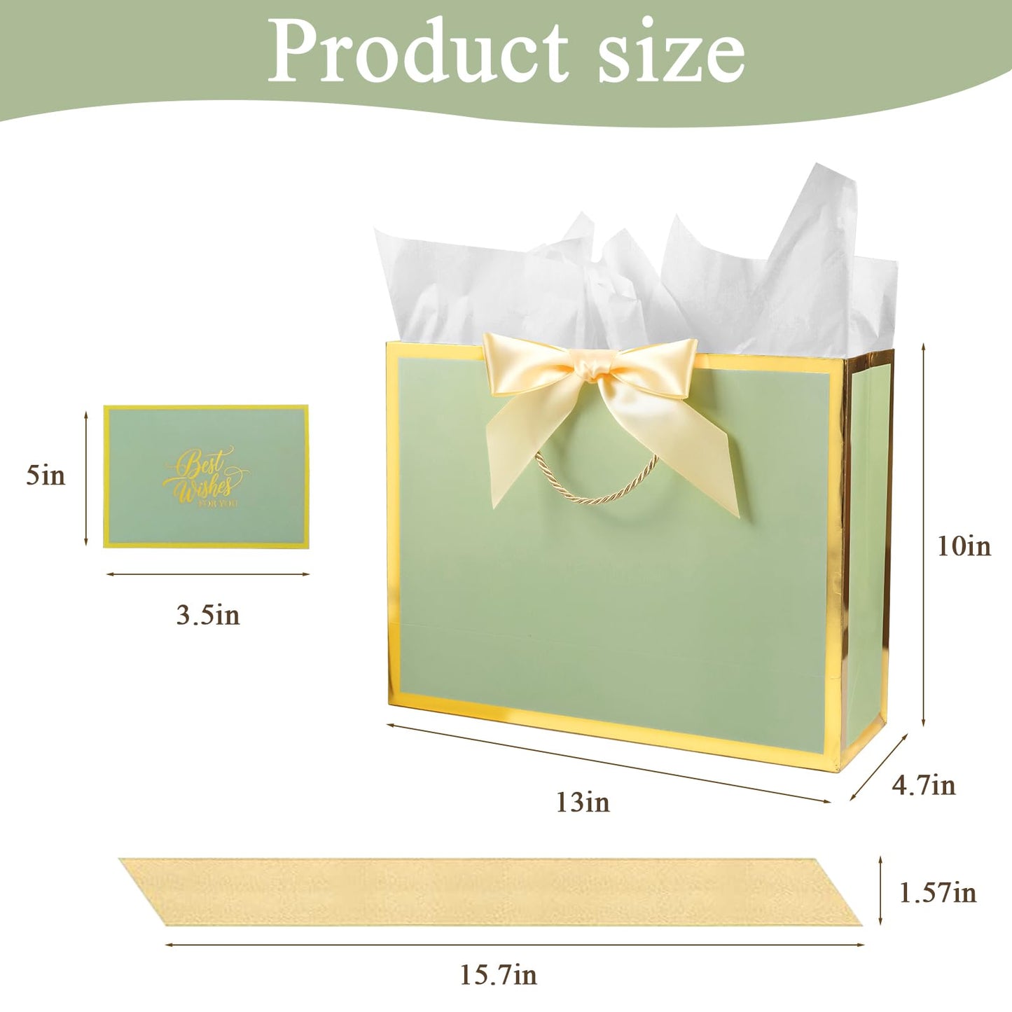 Plauthus Sage Green Gift Bag with Ribbon, 13" Large Gift Bag with Handle, Greeting Card & 2 Tissue Paper（Gold Foil Frame） for Baby, Baby Shower, Weddings, Bridal Showers, Engagements, Any Occasion