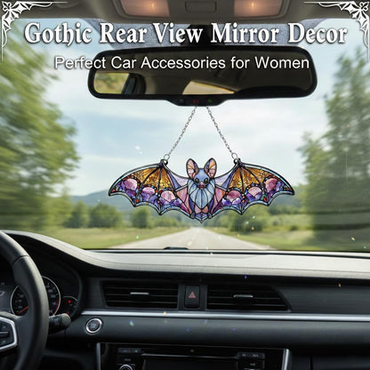 Bat Car Hanging Ornament, Stained Glass Style Bat Suncatcher, Gothic Rear View Mirror Decor, Halloween Bat Window Hanging, Witchy Gifts for Goth Women(Bat 4)