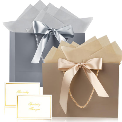 Ninsula 2 Pcs Large Gift Bag, Birthday Gift Bag With 2-Color Ribbon, 2 Greeting Cards and 4 Sheets Tissue Paper, Portable Paper Gift Bag for Birthday Parties, Wedding Parties, Baby Showers, Christmas