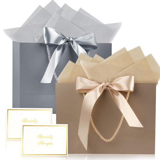 Ninsula 2 Pcs Large Gift Bag, Birthday Gift Bag With 2-Color Ribbon, 2 Greeting Cards and 4 Sheets Tissue Paper, Portable Paper Gift Bag for Birthday Parties, Wedding Parties, Baby Showers, Christmas