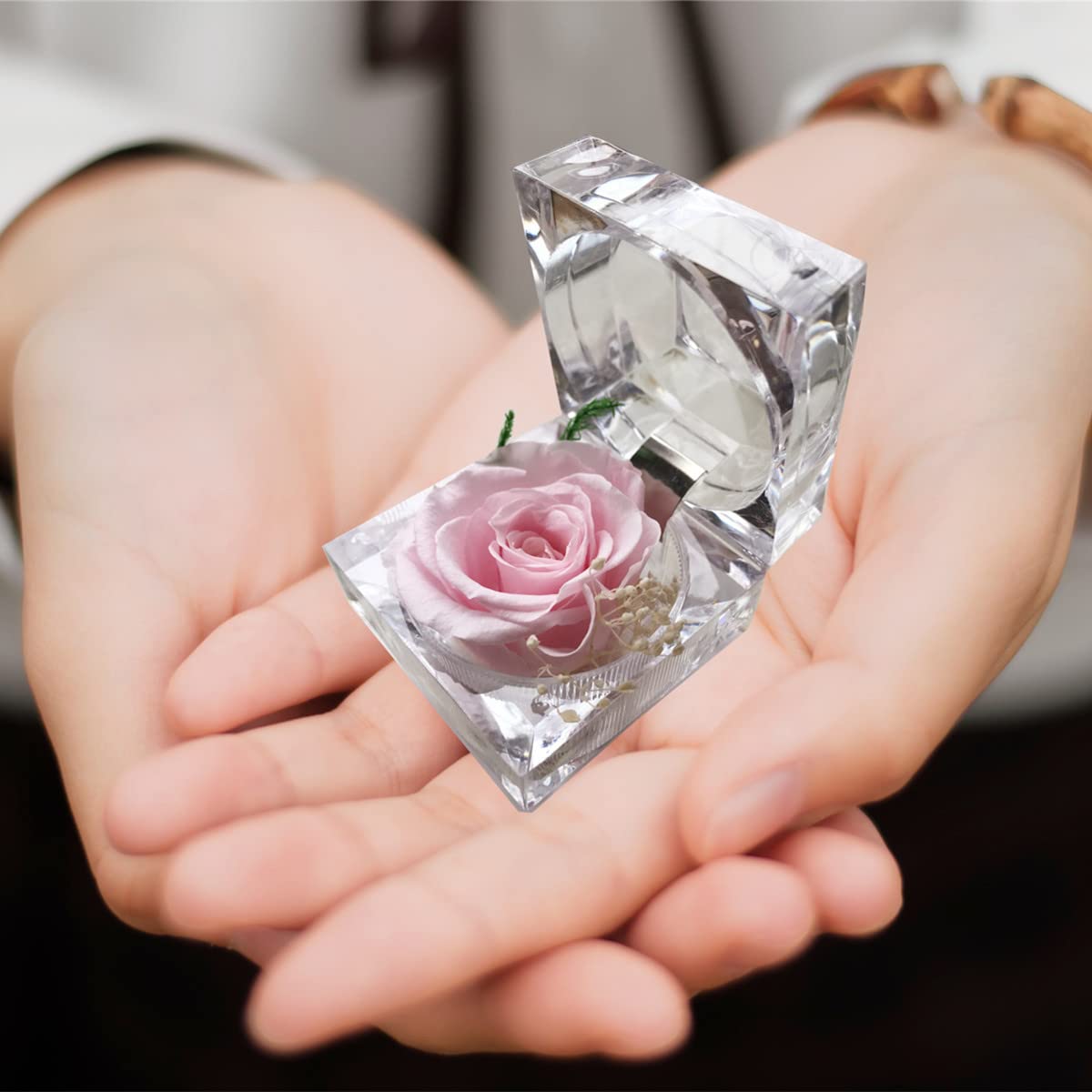 Preserved Rose Real Forever Rose in Mini Clear Ring Box, Eternal Flower Rose Gifts for Women Mom Girlfriend Grandma, Mothers Day, Anniversary, Valentines, Christmas, Birthday (Pink)