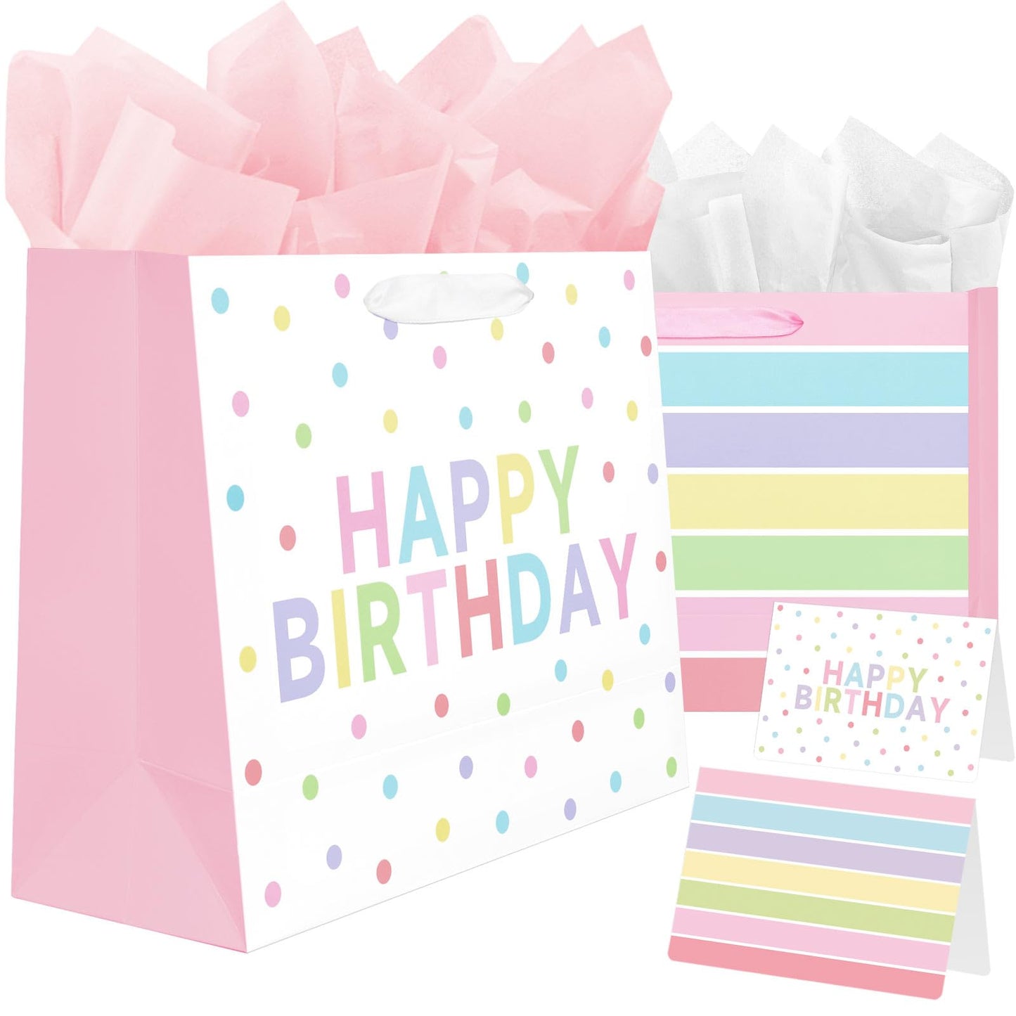Laidans 2-Pack 13" Large Happy Birthday Gift Bags Party with Tissue Paper, Cards for Girls Women Birthday Party Favors Wrap