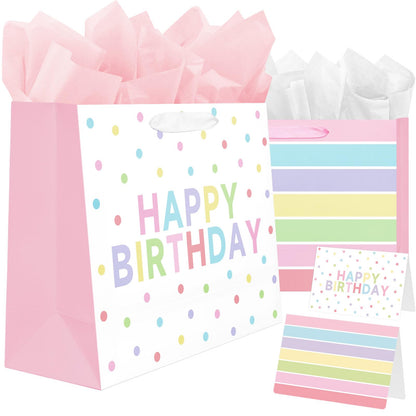 Laidans 2-Pack 13" Large Happy Birthday Gift Bags Party with Tissue Paper, Cards for Girls Women Birthday Party Favors Wrap