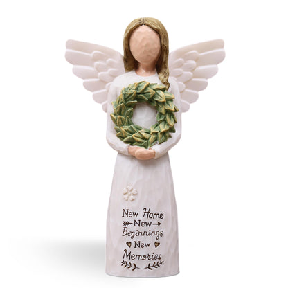 House Warming Gifts New Home Essentials, New Home Gift Ideas for Women Homeowner, Hand-Painted Resin Angel Figurine with Floral Wreath