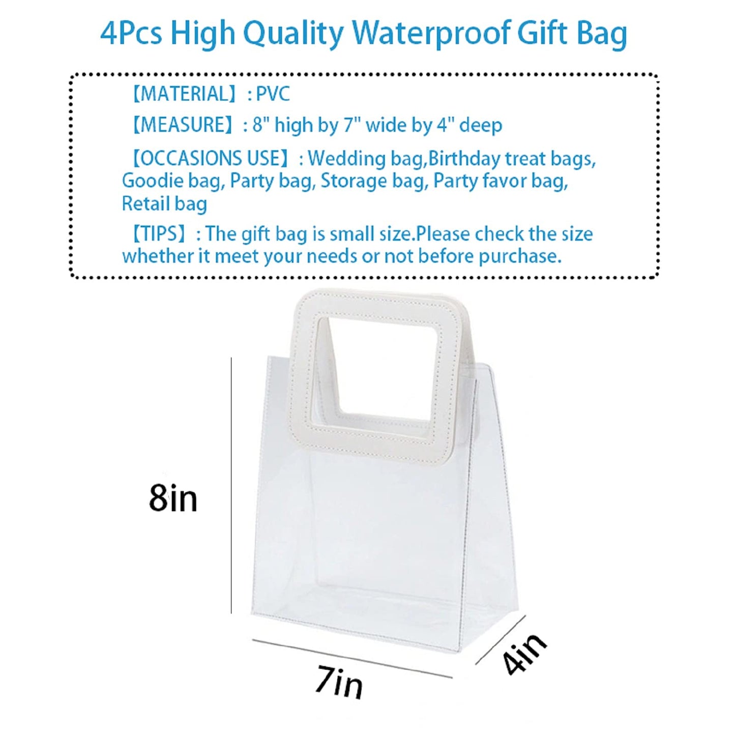 Rmannke Clear Gift Bag with Handle, 4 Pcs Transparent PVC Gift Bag, Heavy Duty Reusable Gift Wrap Bags for Bridal Party, Baby Shower, Wedding Favor, Shopping Bag Bulk- 7"x4" x8"