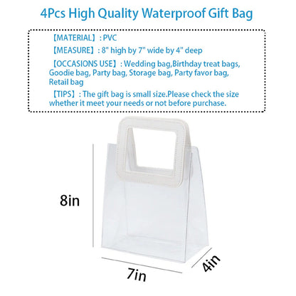 Rmannke Clear Gift Bag with Handle, 4 Pcs Transparent PVC Gift Bag, Heavy Duty Reusable Gift Wrap Bags for Bridal Party, Baby Shower, Wedding Favor, Shopping Bag Bulk- 7"x4" x8"