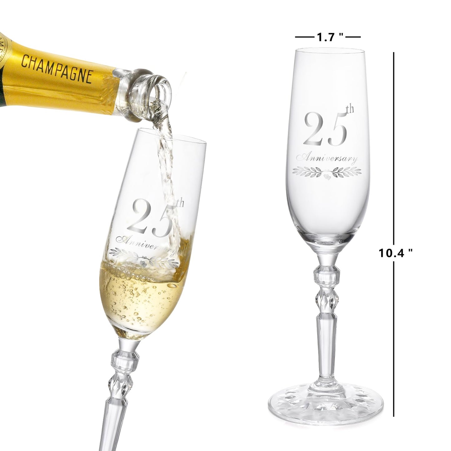 25th Anniversary Decorations Gifts for Couple, Classical Style 25th Wedding Anniversary Champagne Flutes Glasses, Crystal Champagne Glasses Set of 2, Gifts for husband, wife, Couple