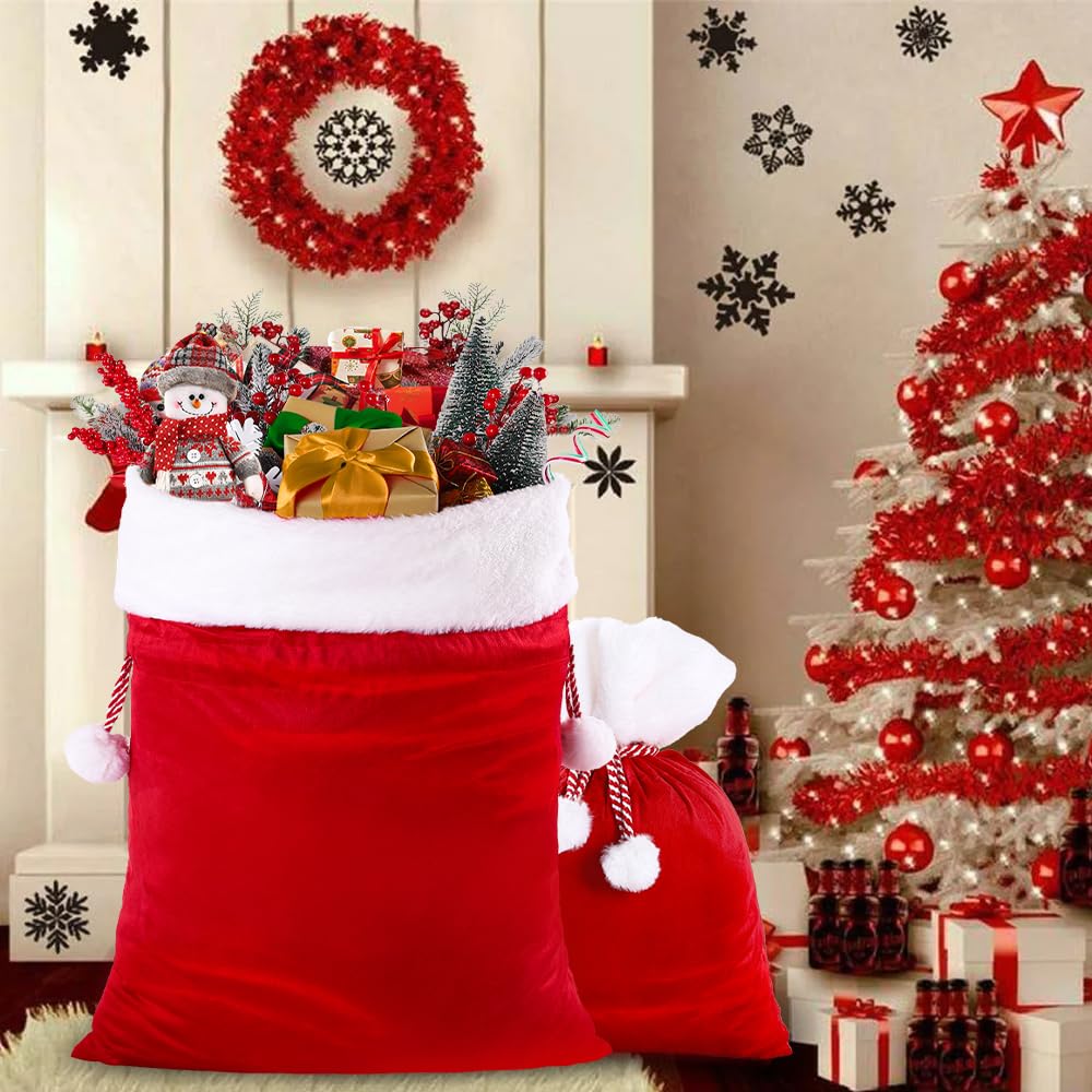 DIYDEC 2pcs Christmas Velvet Santa Bags with Drawstring Christmas Red Santa Gift Bags Large Gift Sack for Xmas Present Party Supply Costume Holiday Wrapping