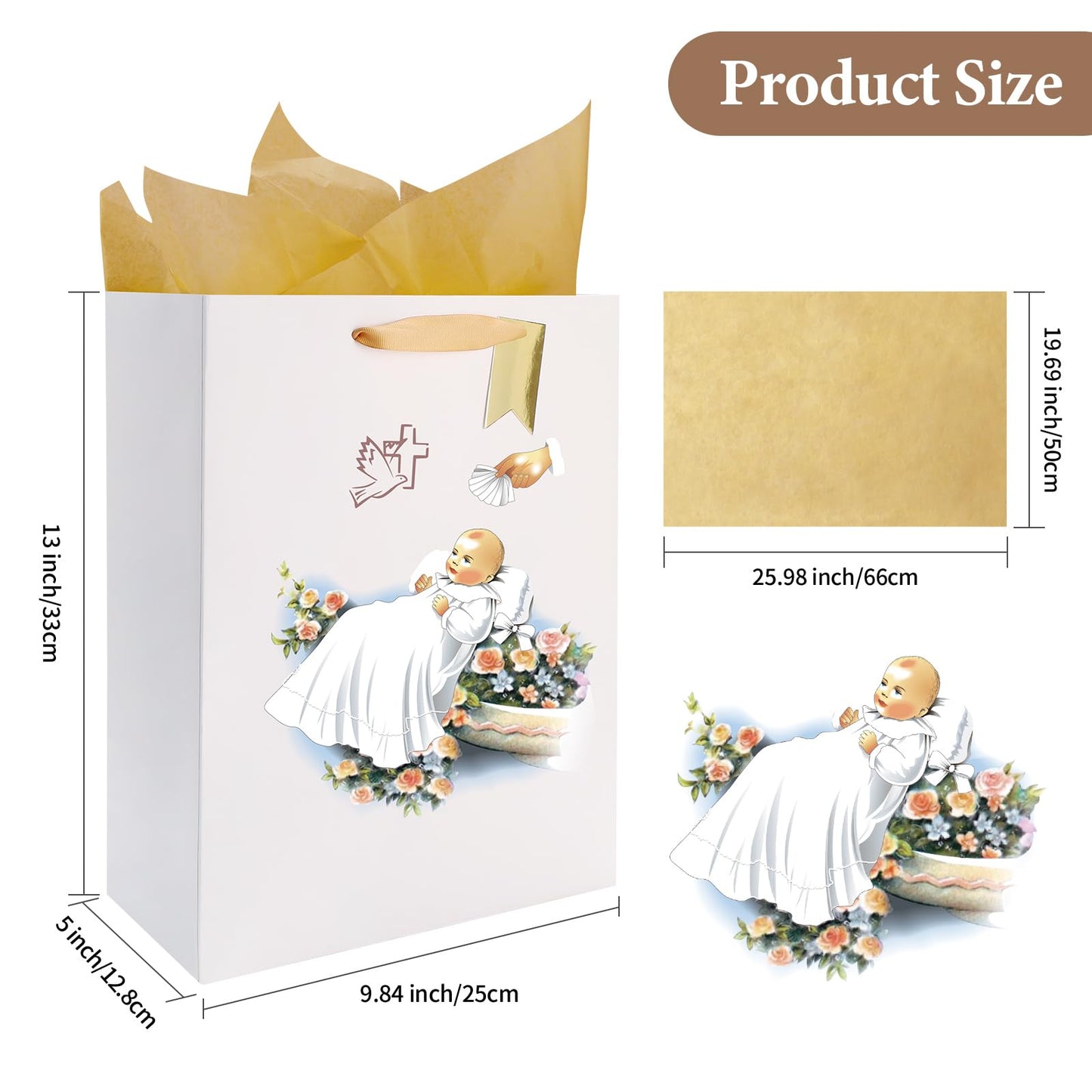 reviamz White Gift Bag Holy Spirit Design with Tissue Paper for Baby Boy and Girl Baptisms,Christenings,Baby Shower,First Communions Dedication Gifts for Religious Catholic Occasion- 10" x 5" x 13"